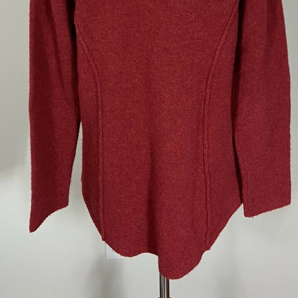 🍎 Eileen Fisher Cardigan Sweater S Red Pockets Mock Neck Hi Low Hem Wool - Picture 5 of 8